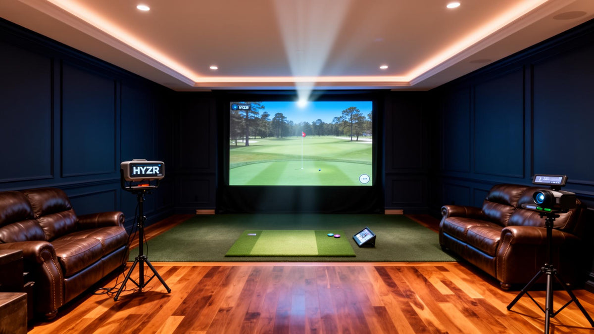 HYZR Elite open-room simulator bay with leather lounge seating