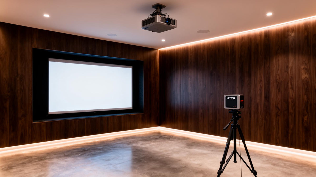 HYZR Elite wall-integrated simulator bay with walnut feature wall